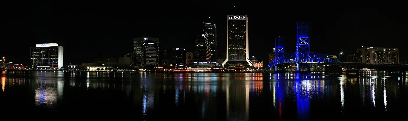 Jacksonville skyline at night across the St. Johns River